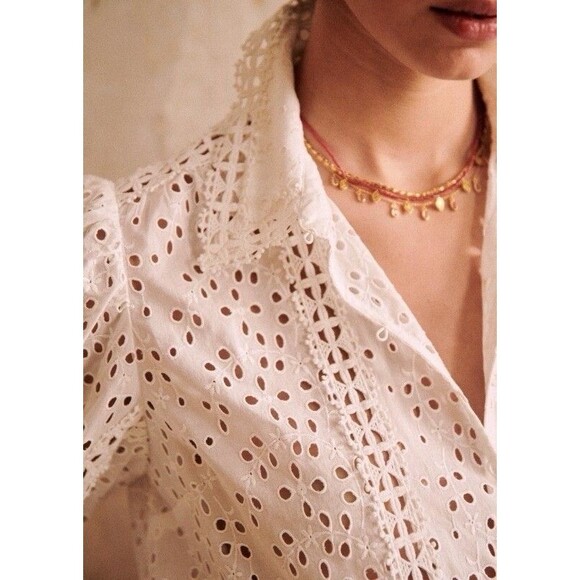 SEZANE Cara Shirt Cream Women’s Size 36 US 4 Eyelet Floral Puff Sleeve Button Up - Picture 3 of 15